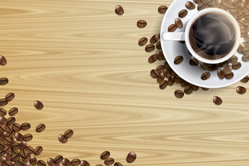 coffee cup and coffee beans on the wooden table in the morning