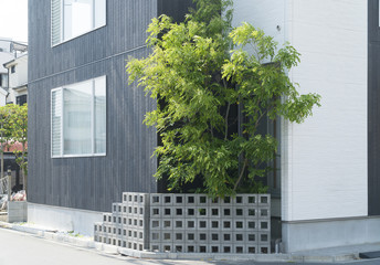住宅の外観　小さい庭と植栽　デザインブロック
