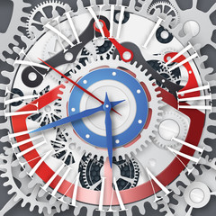 Vector clock with Roman numerals.  Clockwork mechanism.