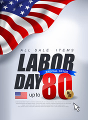Labor day sale promotion advertising banner template decor with American flag .American labor day wallpaper.voucher discount.Vector illustration .