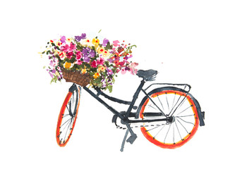 Fototapeta na wymiar Retro bicycle with colorful flowers in basket , watercolor painting on white paper in impressionism style