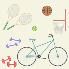 Sport flat image: bicycle, basketball, racket, tennis ball, dumbbells