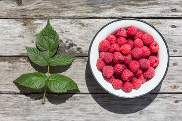 Raspberry in a white plate on an aged wood background. Green raspberry leaves.