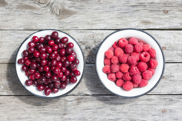 Cherry and raspberry in a bowl on a wooden texture top view. Natural view. Minimalist style.