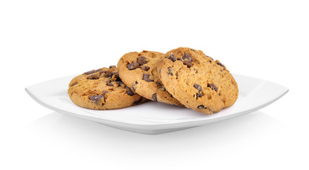 Chocolate chip cookie in ceramic white plate on white background - Powered by Adobe