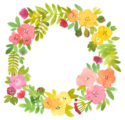 Watercolor illustration with a wreath of flowers. Beautiful flowers on a white background. Bridal bouquet. Gentle summer flowers.