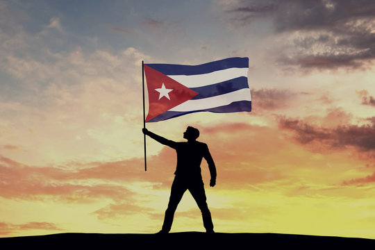 Male silhouette figure waving Cuba flag. 3D Rendering