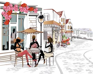 Wall murals Best sellers Collections Fashion people in the street cafe. Street cafe with flowers in the old city. Hand drawn illustration.