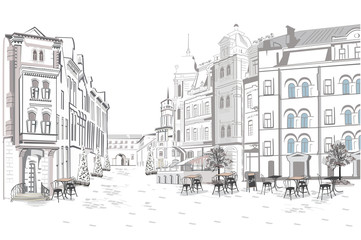 Series of street views in the old city. Hand drawn vector architectural background with historic buildings.