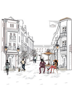 Fashion people in the street cafe. Street cafe with flowers in the old city. Hand drawn illustration.