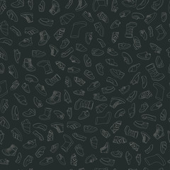 Kids shoes, set, collection of fashion footwear, seamless pattern. Baby, girl, boy, child, childhood. Vector design isolated illustration. Chalk outlines, dark background.