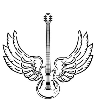 Electric guitar with wings. Stylized electric guitar with angel wings. Black and white illustration of a musical instrument. Rock concert. Musical emblem. Tattoo.