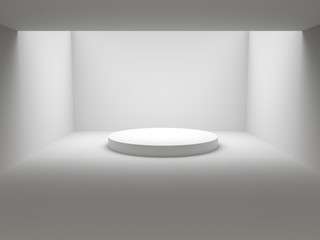 Empty white winners podium in white room with light from ceiling. 3D rendering.
