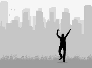 Fototapeta na wymiar Vector, silhouette of joyful man against city background