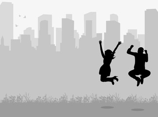 Fototapeta na wymiar Vector, silhouette of people jumping against city background