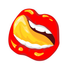 Scarlet lips with tongue thrusting. Vector illustration. Gold, Golden tongue, Golden drops.