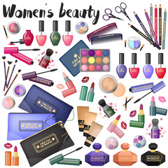 A set of different cosmetics on a white background