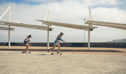 Two young women longboarding on beach promenade