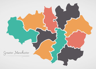 Greater Manchester England Map with states and modern round shapes