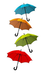 Vertical stacked colorful umbrellas over white background