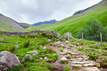 Fototapeta na wymiar Path to Scafell Pike, view of the mountains, Lake District National Park, England, selective focus