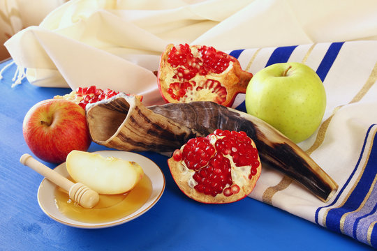 Rosh hashanah (jewish New Year holiday) concept. Traditional symbols