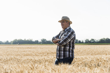 Naklejka na ściany i meble Smiling senior farmer standing in a field