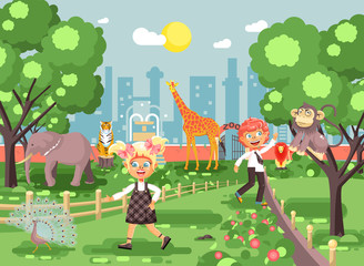 Vector illustration or banner for site with schoolchildren, classmates on walk, school zoo excursion zoological garden, boy and girl watching wild animals and birds flat style, city background