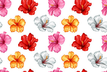 vector realistic hibiscus seamless pattern - obrazy, fototapety, plakaty