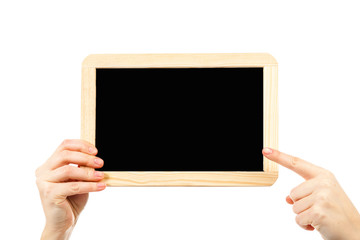 woman's hands holding a blackboard publicity