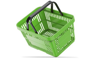Falling green empty shopping basket. 3d illustration, 3D render, isolated on white background