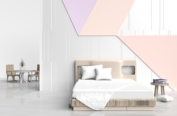 Pastel color bed room is  are decorated with big bed, wood chair, tree in glass vase, white pillows, Blue book, white and orange cement wall it is grid pattern and the white cement floor. 3d render.
