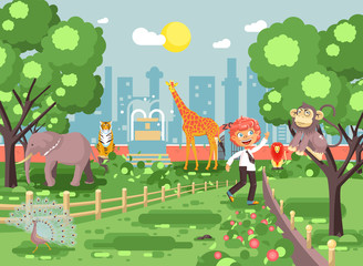 Vector illustration banner for site with schoolchild on walk, school zoo excursion zoological garden, boy redhead teases monkey, peacock, elephant, lion, tiger, giraffe, wild animals flat style