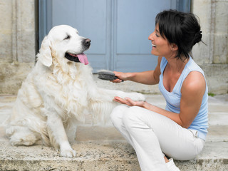 Woman brushing her dog