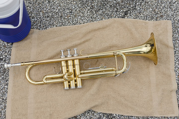 trumpet resting on a towel at band camp