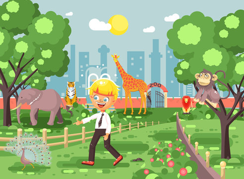 Vector illustration banner for site with schoolchild on walk, school zoo excursion zoological garden, blonde little boy monkey, peacock, elephant, lion, tiger, giraffe, wild animals flat style