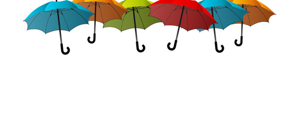 Top banner with horizontal aligned colorful umbrellas over white background