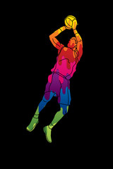 Basketball player jumping and prepare shooting a ball designed using melting colors graphic vector