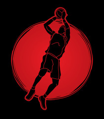 Basketball player jumping and prepare shooting a ball designed on sunlight background graphic vector