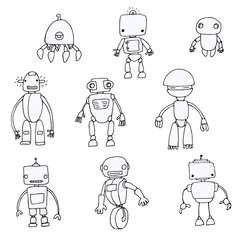 Fototapeta premium Set of doodle robots, vector