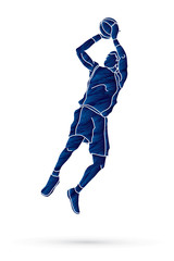 Obraz premium Basketball player jumping and prepare shooting a ball designed using grunge brush graphic vector