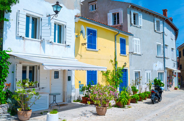 Fototapeta na wymiar Traditional European Mediterranean architectural style in the streets and residential houses, yard, porches, stairs, shutters in the noon sunbeam, surrounded by vine, rhododendron at summertime.