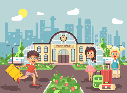 Vector illustration of cartoon characters children, late boy running, two little girls standing at railway station building with bags and suitcases awaiting train flat style city background