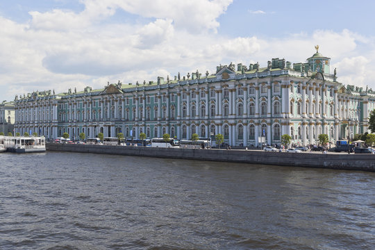 View of the Winter Palace from the Palace Bridge on a summer sunny day in St. Petersburg, Russia