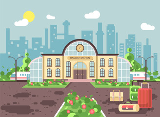 Vector illustration banner of cartoon railway station building with bags and suitcases, train departure or arrival, for travel trip holiday weekend in flat style on city background