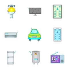 Smart home devices icons set, cartoon style