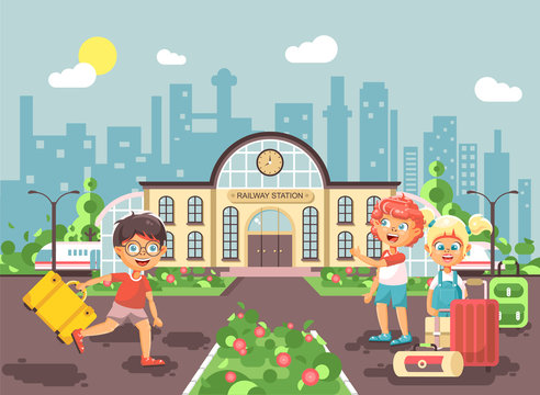 Vector illustration cartoon characters late boy and girl running to little children standing at railway station building with bags and suitcases awaiting train flat style city background