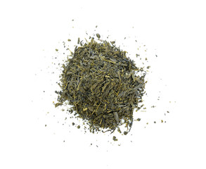 Dry tea with green leaves on white background