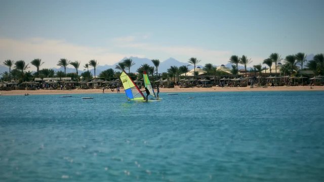 Holidaymakers people vacationers tourists train windsurfing at the Red Sea sunny seashore resort. Active rest and making healthy lifestyle, water sports in vacation holiday at summer. 