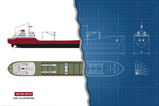 Blueprint of cargo ship. Top, side and front view. Container transport
